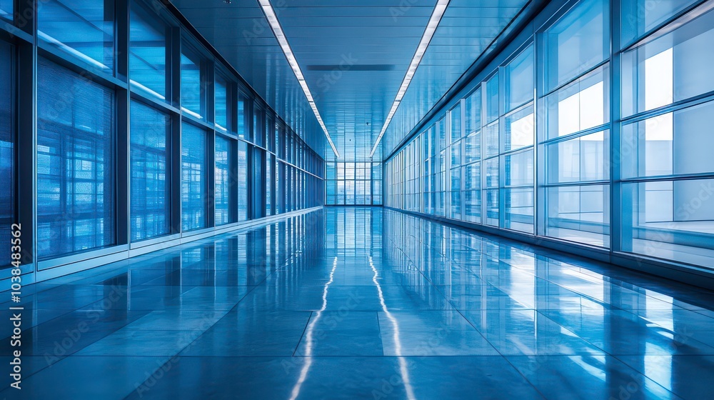 Fototapeta premium Modern office corridor with glass walls and reflective floor.