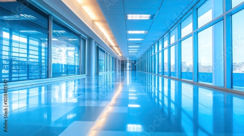 A long, empty hallway with large windows on either side, flooded with natural light. The floor is tiled and highly reflective, creating a sense of space and openness.