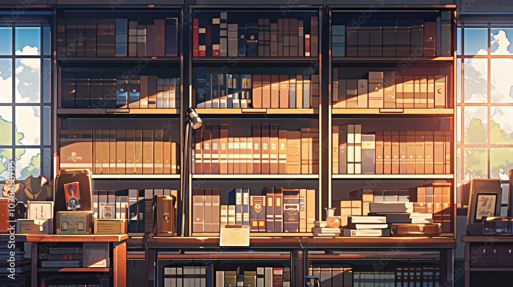 Classic bookshelf anime style, colorful anime style Classic bookshelf anime style, colorful anime style