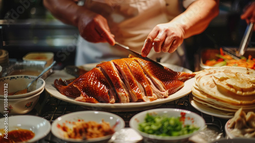 Peking duck being carved at a table, its crispy skin glistening, surrounded by sauces and pancakes for assembly.