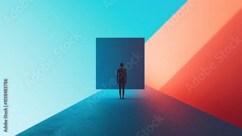 Person silhouette before blue square; warm coral and blue split backdrop with diagonal light.