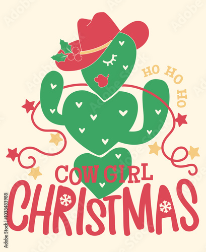 Cowgirl christmass vector printable card. Vector Cowgirl illustration with abstract green cactus wear in cowboy hat and holly berry decoration and Christmas text