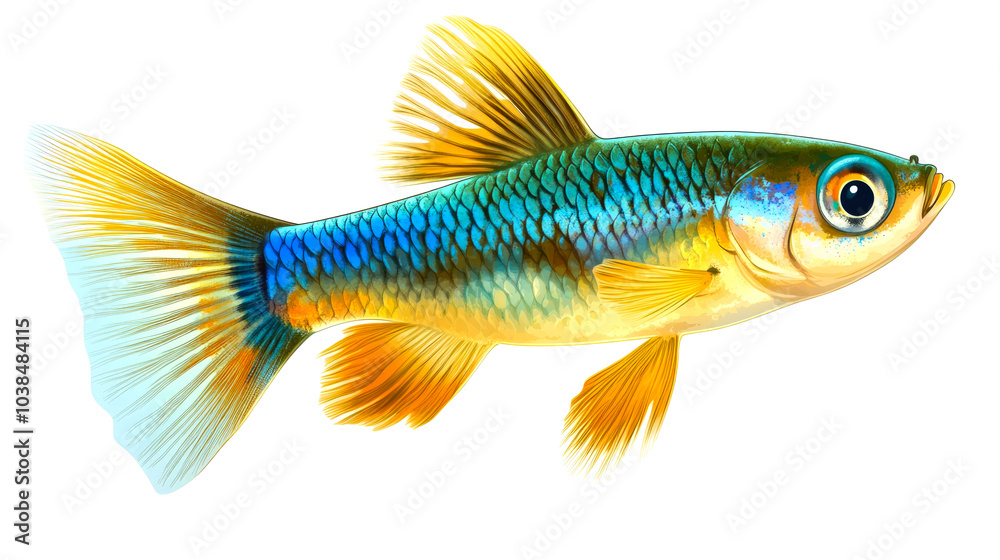 A blue and yellow fish with large eyes and a long tail. A blue and yellow fish with large eyes and a long tail.