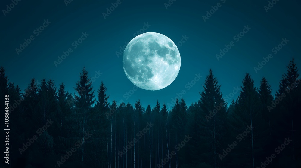 A serene night scene featuring a bright full moon illuminating a dark forest backdrop. A serene night scene featuring a bright full moon illuminating a dark forest backdrop.