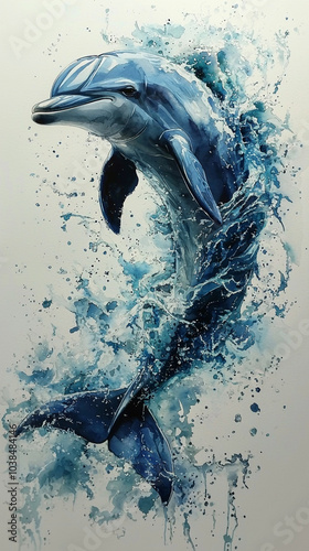 Watercolor dolphin leaping amid splashes, vibrant blues convey motion against white. photo