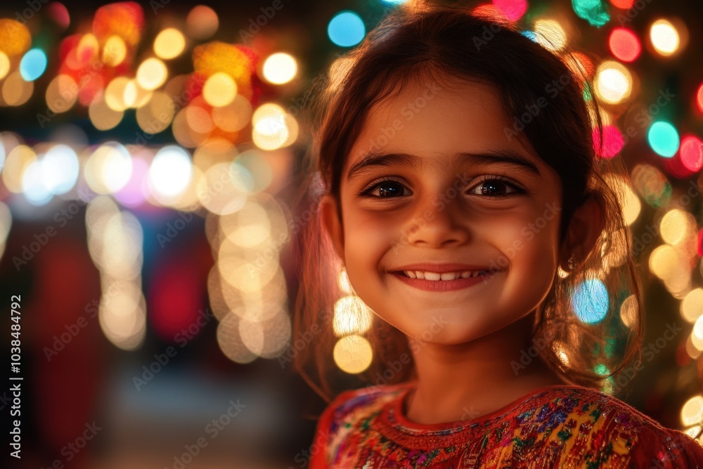 smiling girl in front of colorful lights smiling girl in front of colorful lights