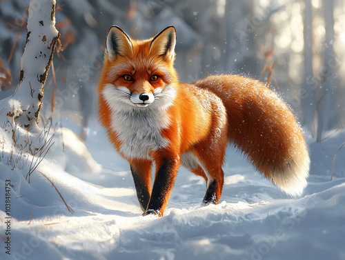 Vibrant red fox in snowy forest, illuminated by sunlight. photo