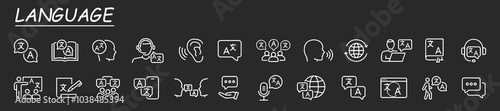 Simple Set of Translation Related Vector Line Icons. Contains such Icons as Document Translation, Handshake, International Business, language, bilingual, communication, dictionary and more.