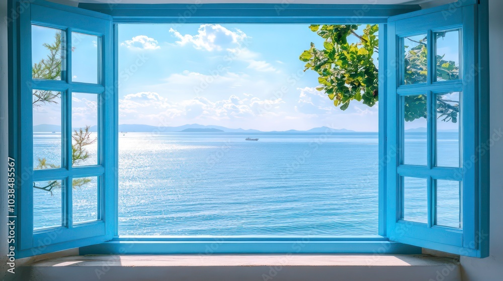 A view of the ocean through an open blue window. A view of the ocean through an open blue window.