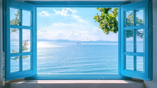 A view of the ocean through an open blue window.