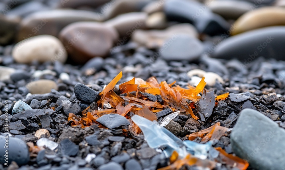A close-up of colorful glass shards among smooth pebbles on a beach. A close-up of colorful glass shards among smooth pebbles on a beach.