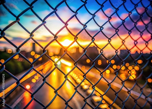 Sunset Pedestrian Bridge with Bokeh Lights and Chain Link Fence photo