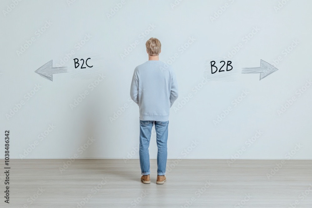 Fototapeta premium A man stands in front of an empty white wall with his back to the camera, looking at two arrows drawn on it pointing left and right. 