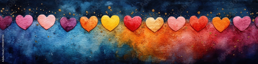 Obraz premium Colorful watercolor hearts arranged in a vibrant row against a rich blue background.