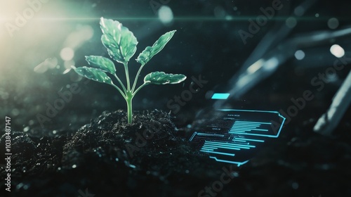 High-Tech Agriculture Concept Featuring Digital Data Interface and Plant in Soil for Sustainable Crop Management