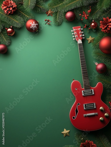 A guitar and Christmas theme with a green background. Render in 3D cartoon icon style, with elements like a decorated guitar, Christmas ornaments, and festive details.