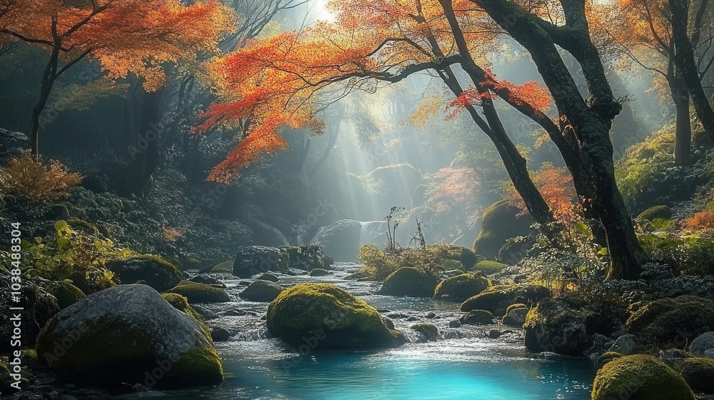 Beautiful natural scenery in autumn in illustration style Beautiful natural scenery in autumn in illustration style