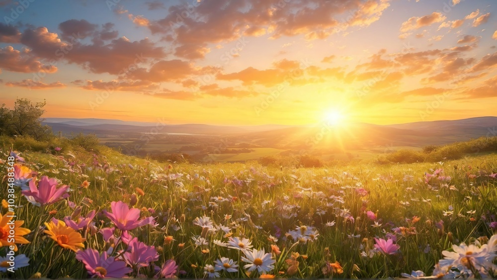 Obraz premium Abstract soft focus sunset field landscape of yellow flowers and grass meadow warm golden 