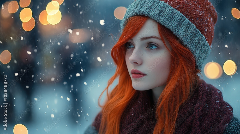 Thoughtful woman in winter clothing during snowfall Thoughtful woman in winter clothing during snowfall