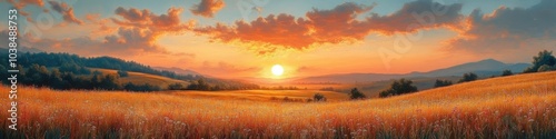 A stunning sunrise over a serene meadow with golden grasses and a vibrant sky.