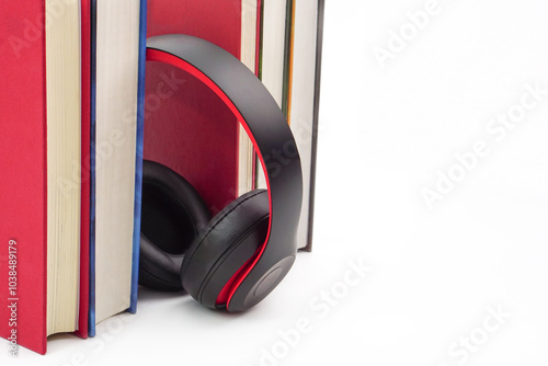 The headphones and lined up books on white background.Knowledge, learning and education concept.