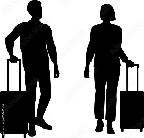 Silhouette of a man and a woman with suitcases. Vector illustration with transparent background.