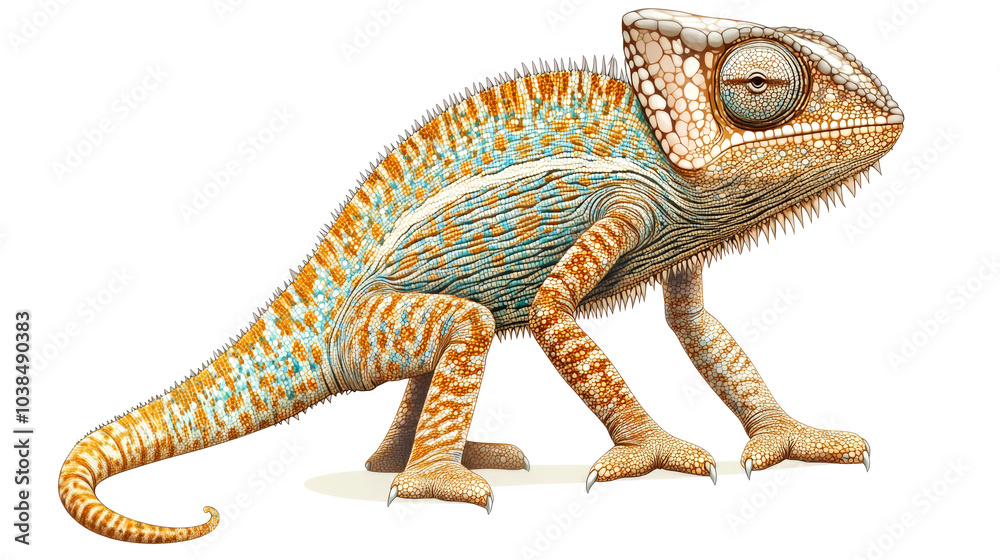 Obraz premium A colorful chameleon with a long tail and large eyes against a white background.