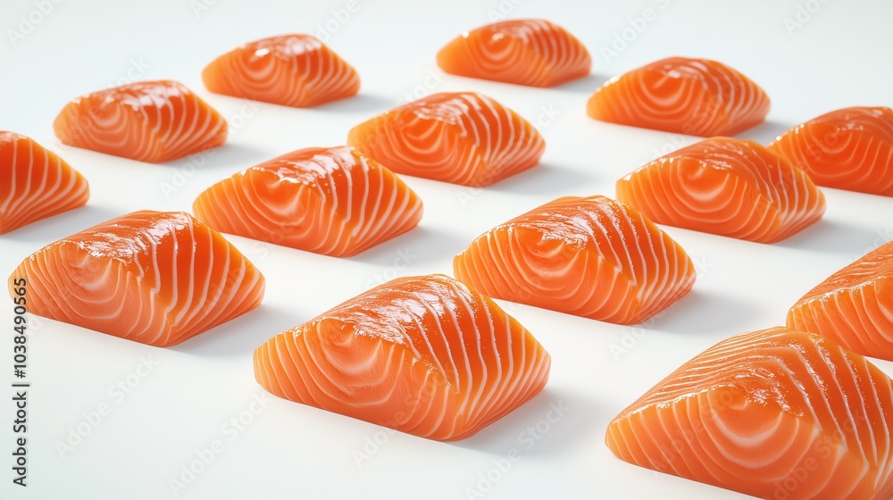 Fresh salmon fillets arranged on a white background for culinary presentation. Fresh salmon fillets arranged on a white background for culinary presentation.