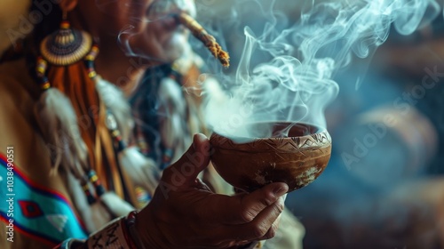 Smoke spirals rising from a traditional Native American pipe