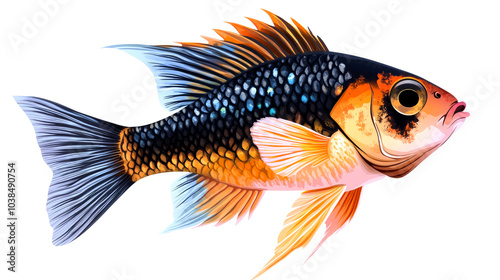 A colorful, small fish with black, orange, and blue scales, with a red stripe on the side of its body. 