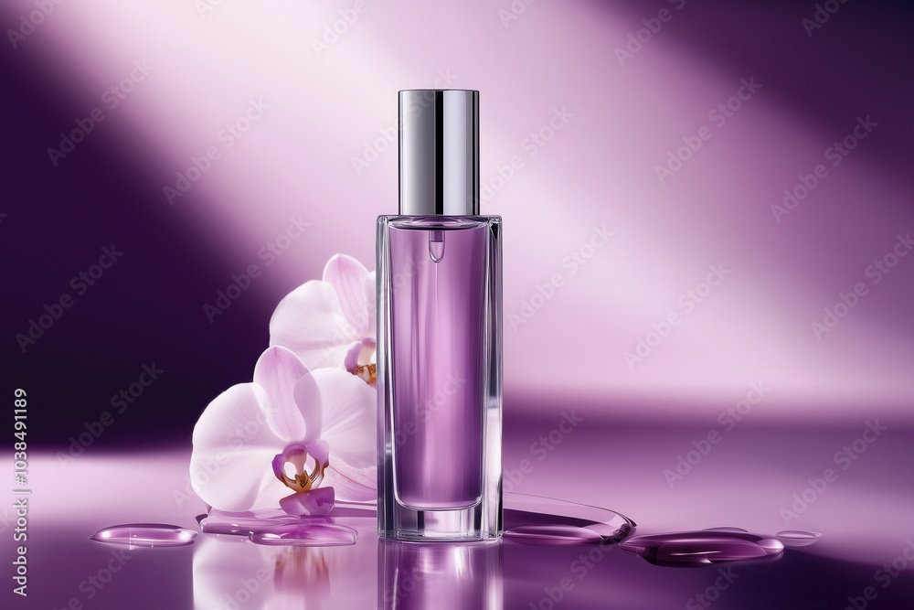 Bottle with cosmetic product (face serum) on lilac background, orchid flower in the background Bottle with cosmetic product (face serum) on lilac background, orchid flower in the background