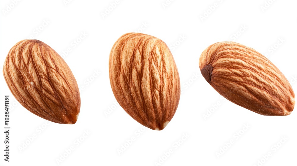 Three whole almonds displayed on a white isolated background, showcasing their unique textures and colors. Three whole almonds displayed on a white isolated background, showcasing their unique textures and colors.