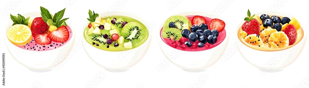 Variety of fresh fruit bowls, colorful and vibrant, showcasing healthy and delicious ingredients. Variety of fresh fruit bowls, colorful and vibrant, showcasing healthy and delicious ingredients.