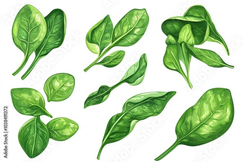 Various spinach leaves illustrated on a white background, showcasing their vibrant green colors and unique shapes.