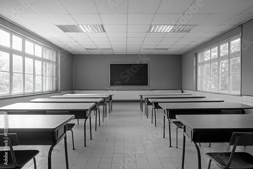 An empty classroom with rows of desks is depicted in the image. Generative Ai