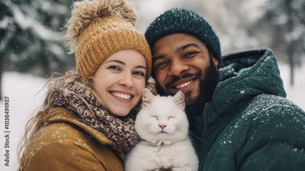 A smiling couple in winter attire holds a fluffy white cat amidst snowy surroundings, creating a cozy, heartwarming scene. A smiling couple in winter attire holds a fluffy white cat amidst snowy surroundings, creating a cozy, heartwarming scene.