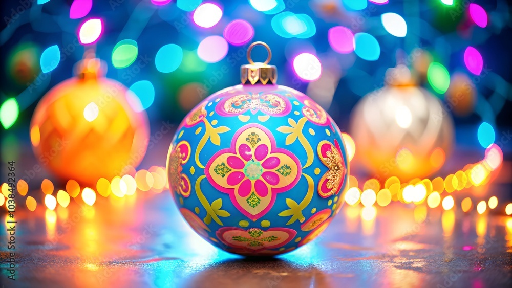 Obraz premium Colorful bright Christmas tree ball with painted ornament. Winter holiday template with 3D festive decor on sparkling glitter bokeh. Collection Merry Christmas and Happy New Year greeting glamour set.