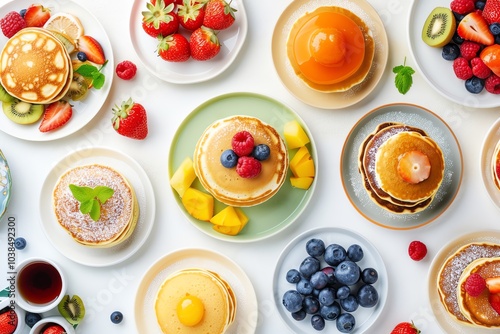 A colorful assortment of pancakes topped with various fruits and syrups on white plates. A perfect breakfast or brunch spread.