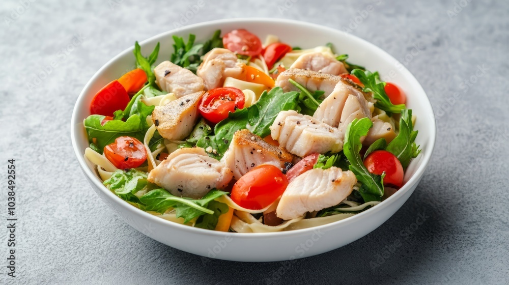 A white bowl filled with a delicious pasta salad with cherry tomatoes, arugula, and grilled chicken. A white bowl filled with a delicious pasta salad with cherry tomatoes, arugula, and grilled chicken.