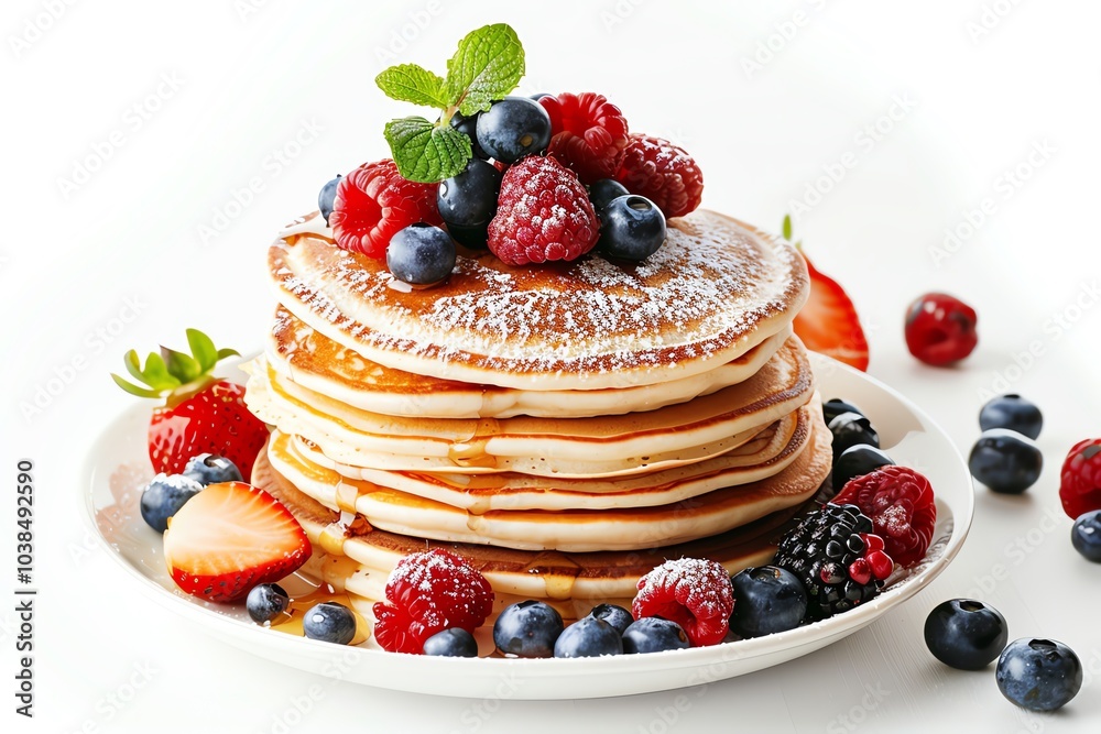 A stack of golden brown pancakes topped with fresh berries and drizzled with maple syrup. The pancakes are dusted with powdered sugar and garnished with fresh mint. A stack of golden brown pancakes topped with fresh berries and drizzled with maple syrup. The pancakes are dusted with powdered sugar and garnished with fresh mint.