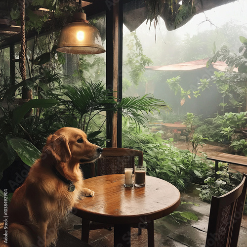 a dog sits at a table with a bottle of water on it. photo