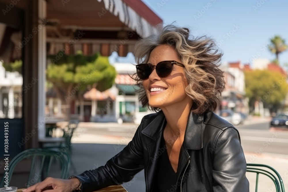 Outdoor portrait of a beautiful young woman wearing sunglasses and leather jacket Outdoor portrait of a beautiful young woman wearing sunglasses and leather jacket