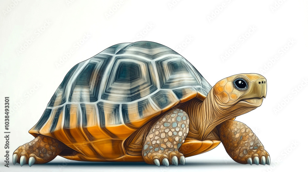 Obraz premium A detailed illustration of a tortoise with a brown, black, and yellow shell, looking to the right with a white background.