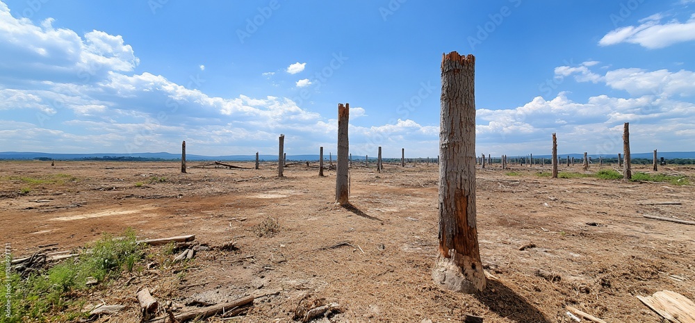Deforested land with tree stumps under a blue sky and clouds. Deforested land with tree stumps under a blue sky and clouds.