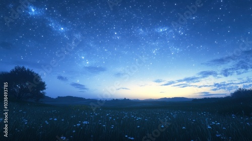 A calm countryside under a blue twilight sky, with the galaxy starting to shimmer alongside the first evening stars.