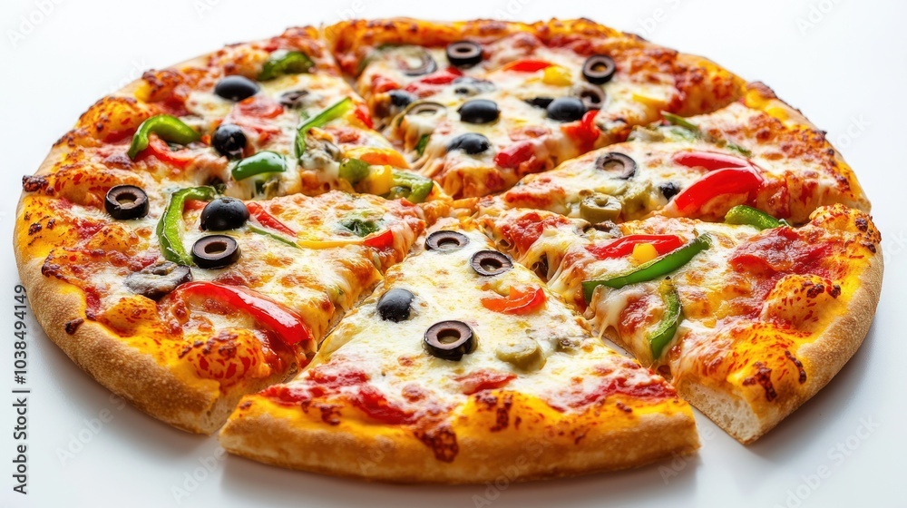 Detailed view of a homemade pizza with a bubbling cheese layer and colorful toppings including bell peppers, olives, and fresh basil, isolated to highlight the deliciousness on a white background Detailed view of a homemade pizza with a bubbling cheese layer and colorful toppings including bell peppers, olives, and fresh basil, isolated to highlight the deliciousness on a white background