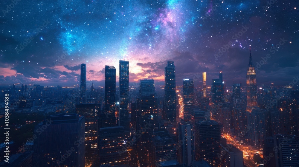 Fototapeta premium A cityscape at night with the galaxy visible above, stars shining brightly amidst the city's silhouette.