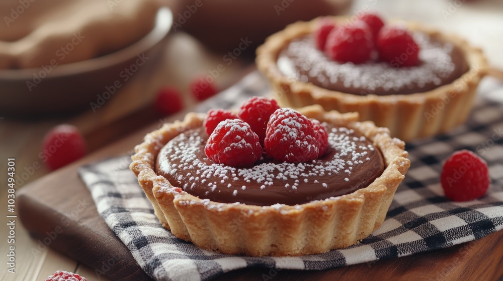 Elegant pastry moment: Two gourmet chocolate mousse tarts adorned with raspberries, beautifully placed on a checkered cloth and rustic wooden board, with soft natural lighting, The details in the Elegant pastry moment: Two gourmet chocolate mousse tarts adorned with raspberries, beautifully placed on a checkered cloth and rustic wooden board, with soft natural lighting, The details in the