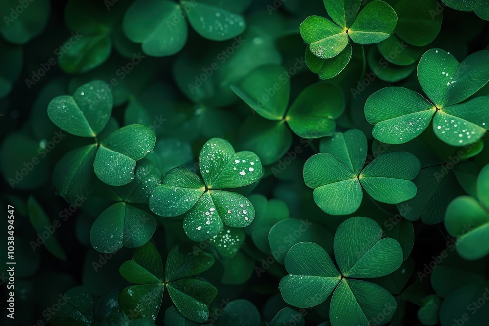 Close-up of lush green shamrock leaves with water droplets Close-up of lush green shamrock leaves with water droplets