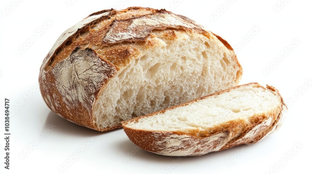Freshly baked artisan bread loaf with a crispy crust and a soft, airy interior, showcasing a slice pulled away to reveal the texture, isolated on a clean white background Freshly baked artisan bread loaf with a crispy crust and a soft, airy interior, showcasing a slice pulled away to reveal the texture, isolated on a clean white background
